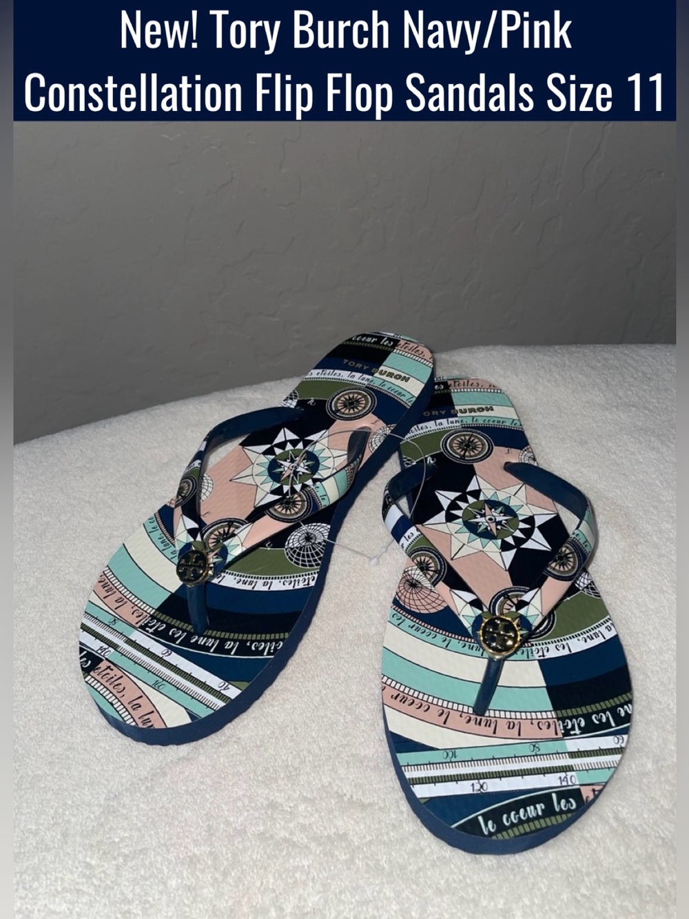 New! Tory Burch Navy/Pink Constellation Flip Flop Sandals Size 11-NIB